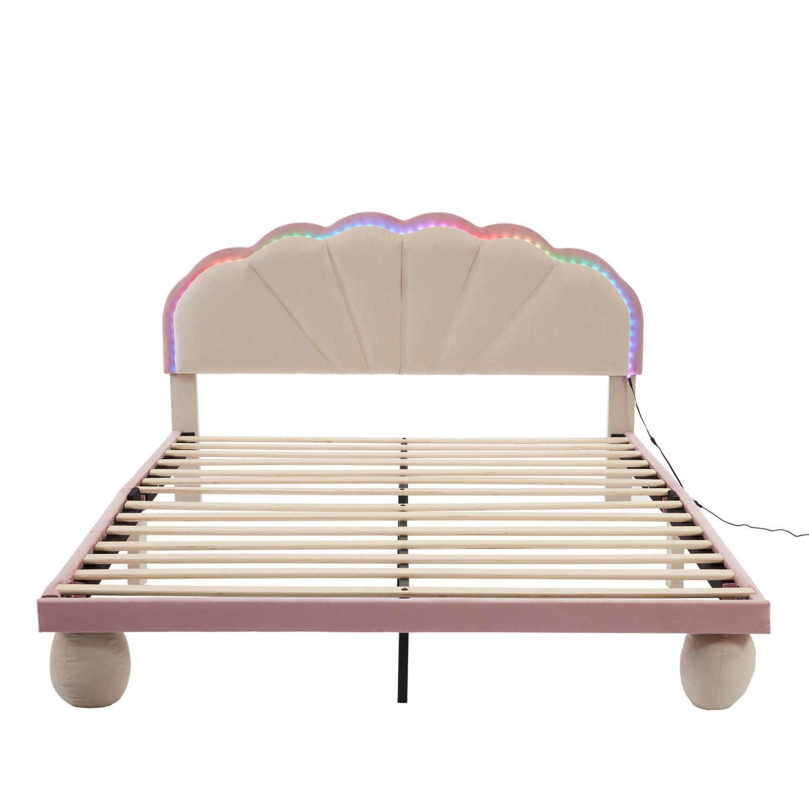 KLÄDD säng 140/200 cm, beige/rosa, sammet, LED, vågformad huvudgavel - Beige, Trä (140/200cm) - SHOPENTRA
