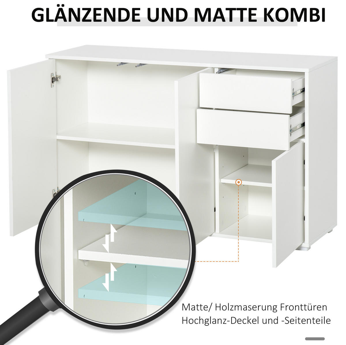 SIDEBOARD 117/36/74 cm weiß aus MDF mit Schubladen und Druckmechanismus - Weiß, Holzwerkstoff (36/74/117cm) - OKWISH
