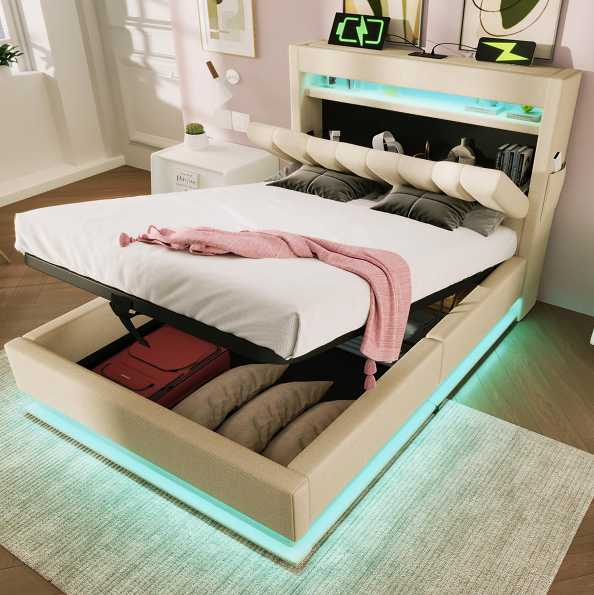 POLSTERBETT 90/200 cm mit hydraulischem Bettkasten, LED & Kopfteil mit USB/Typ-C, Beige - Beige, Textil (90/200cm) - Redom
