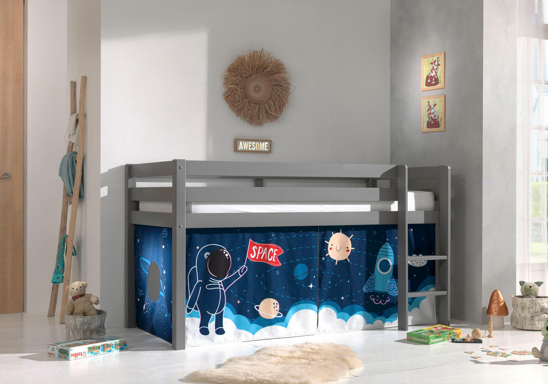 KINDERBETT Karolina 210x114x106 Massivholz Grau Textilset Rakete - Türkis/Grau, Holz (90/200cm) - 58aufmkessel
