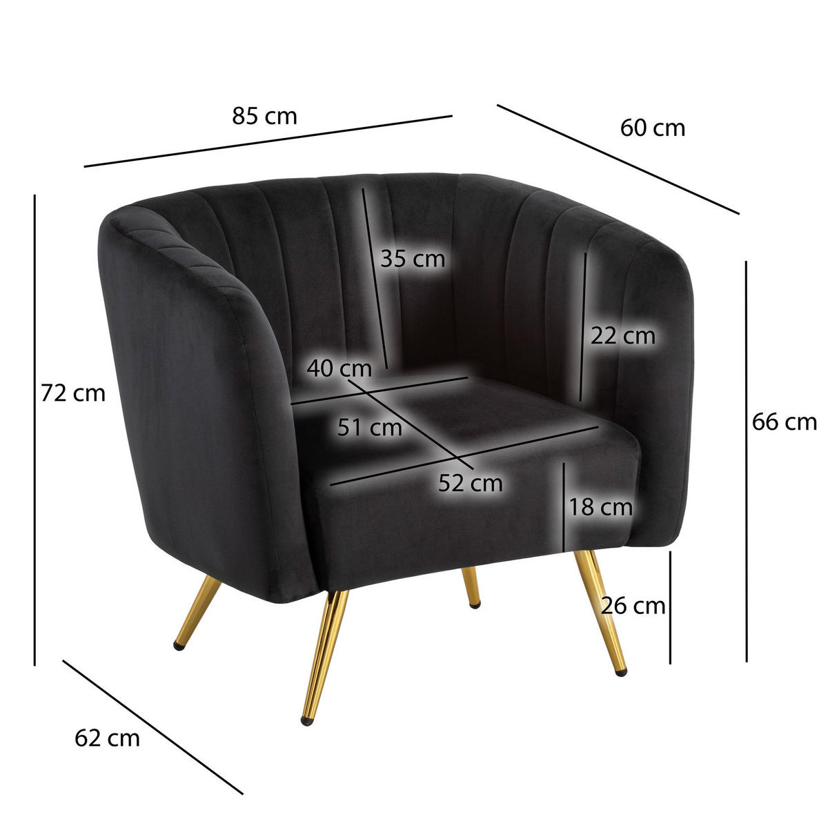 LOUNGESESSEL Samt Schwarz mit Metallgestell und Armlehnen - Goldfarben/Schwarz, Textil/Metall (60/72/85cm) - KADIMA DESIGN