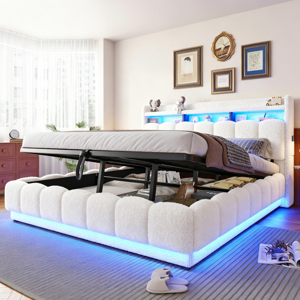 POLSTERBETT 180/200 cm in Weiß mit Bettkasten, LED, USB und Steckdose aus Boucle - Weiß, Textil/Metall (180/200cm) - STILVORA