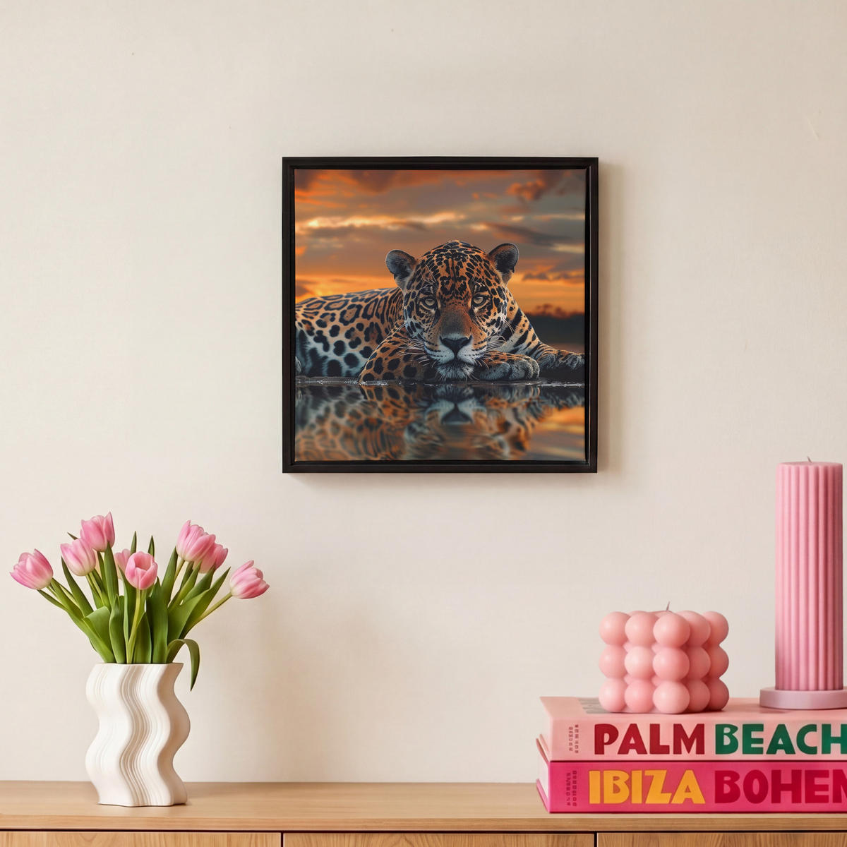 LEINWAND Bilder mit Rahmen - Natur - Leopard - Tier - Sonnenuntergang - Modern - 20x20 - Orange, Textil (20/20cm) - MuchoWow