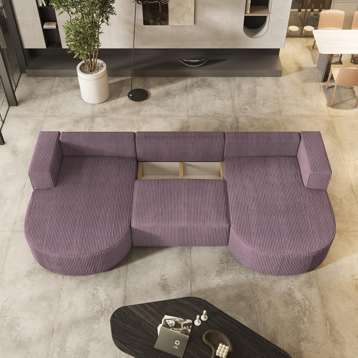 WOHNLANDSCHAFT VEZZO P Lila Kordstoff mit Schlaffunktion - Lila, Holz (347/85/174cm) - MASSENO