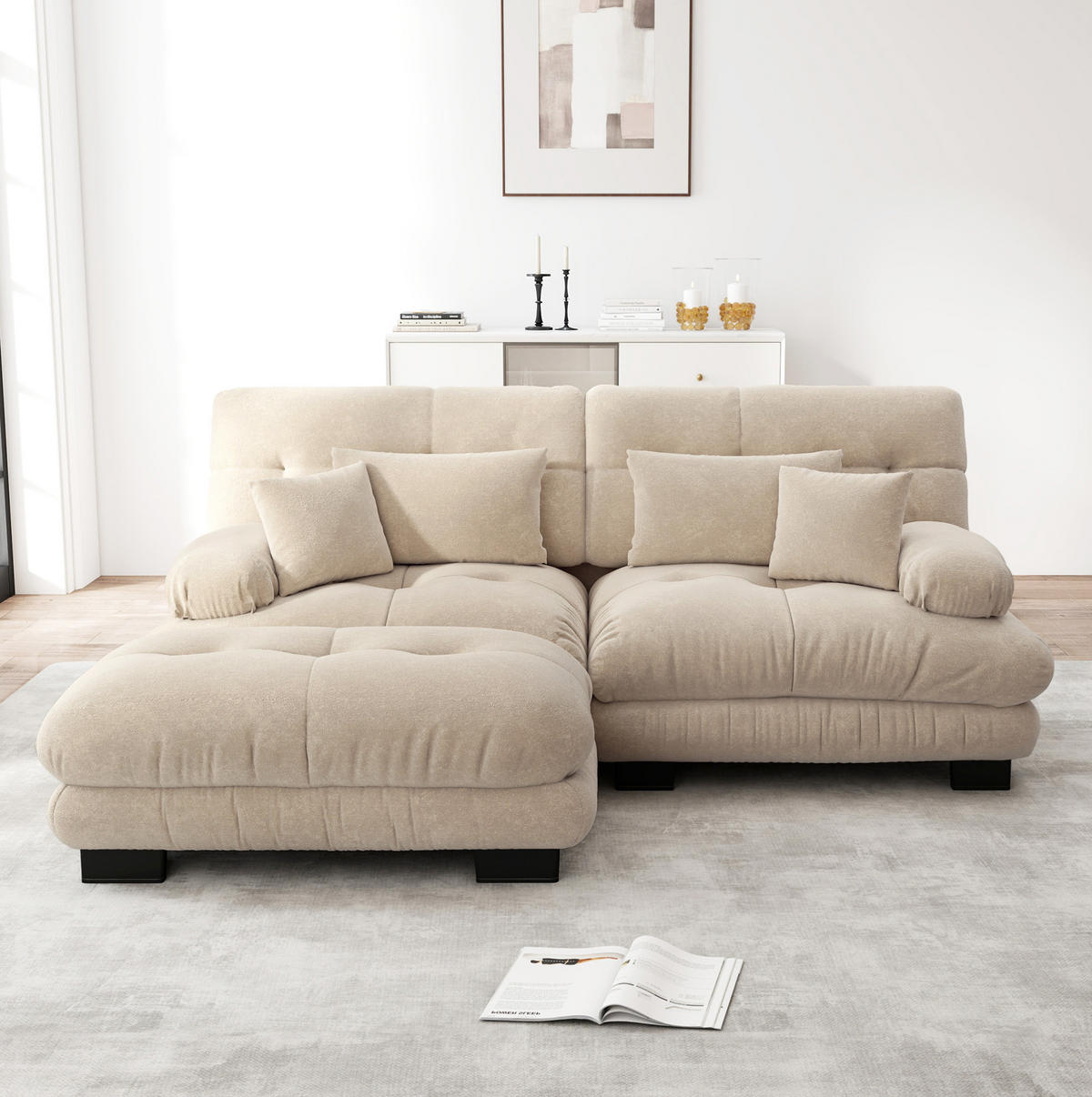 ECKSOFA modular mit beweglichen Ottomane, breiten Armlehnen und Kissen, Hellkaffee - Cappuccino, Textil (220/145cm) - Redom