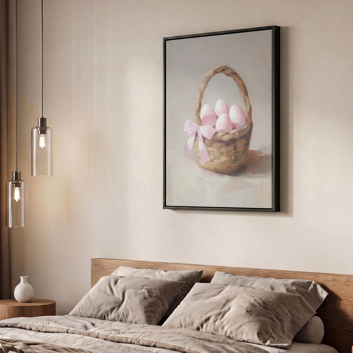 LEINWAND Bilder mit Rahmen - Korb - Eier - Rosa - 60x80 - Beige, Textil (60/80cm) - MuchoWow