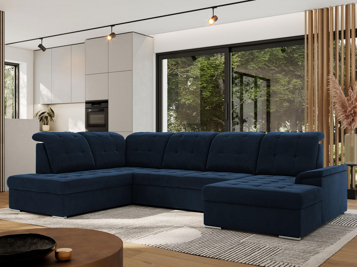WOHNLANDSCHAFT MADRITO U - Dunkelblau Velorus - Links - Silberfarben/Dunkelblau, Textil/Metall (204/89/323cm) - MKS