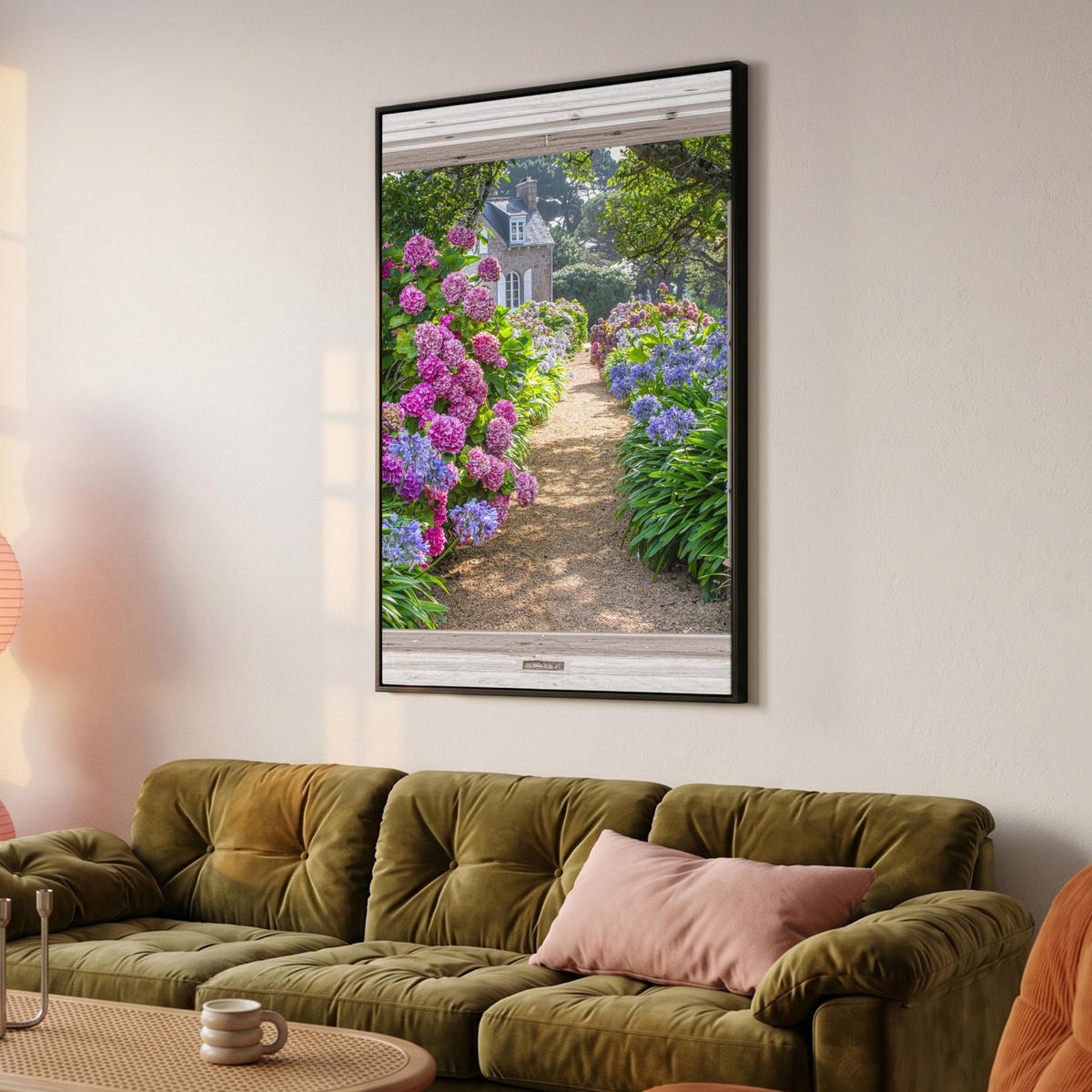 LEINWAND Bilder mit Rahmen - Hortensie - Durchsichtig - Blumen - Sommer - Lila - Weg - 80x120 - Lila, Textil (80/120cm) - MuchoWow