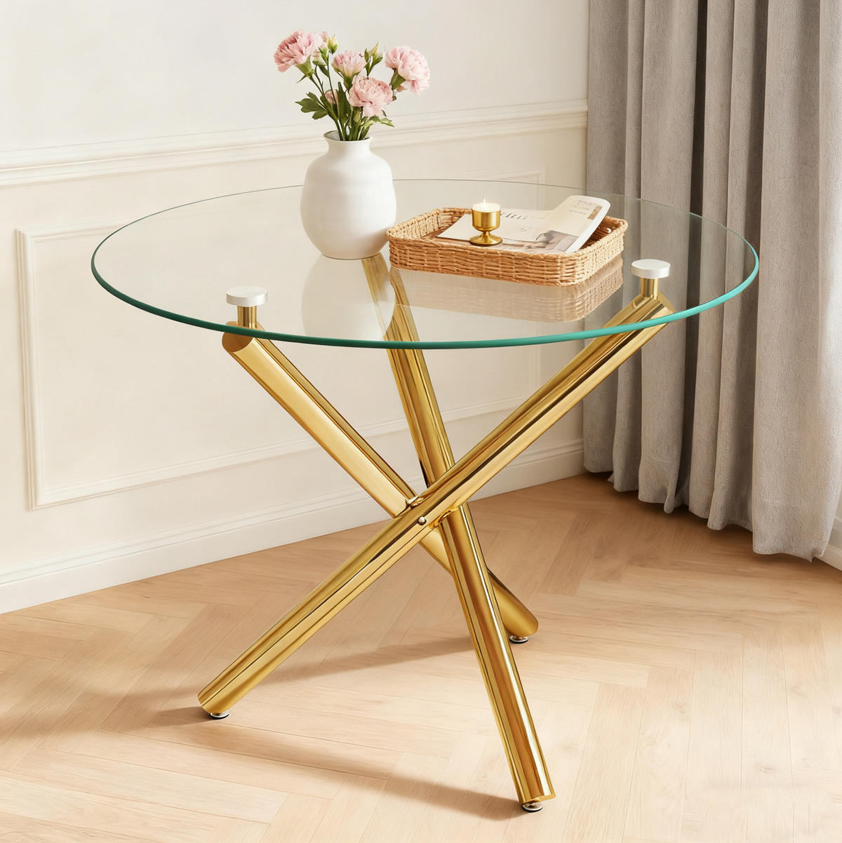 ESSTISCH 80/80/76 cm mit Glasplatte und goldfarbenem Kreuzgestell - Goldfarben, Metall (80/80/76cm) - Flora Grace
