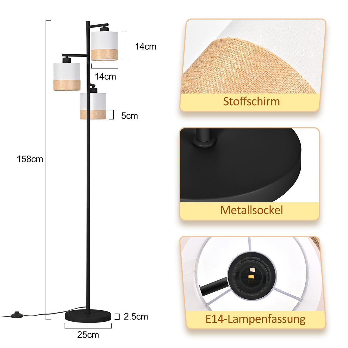 STEHLAMPE CALW Ⅲ 25/14/158 cm - Schwarz, Metall (25/14/158cm) - Nettlife