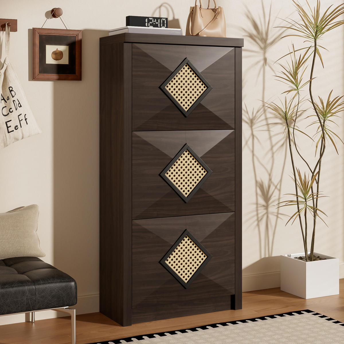 SCHUHSCHRANK 54/25/115 cm in Holzoptik mit 3 Klappfächern und Rattan-Dekor - Naturfarben, Holzwerkstoff (54/115/25cm) - Flora Grace