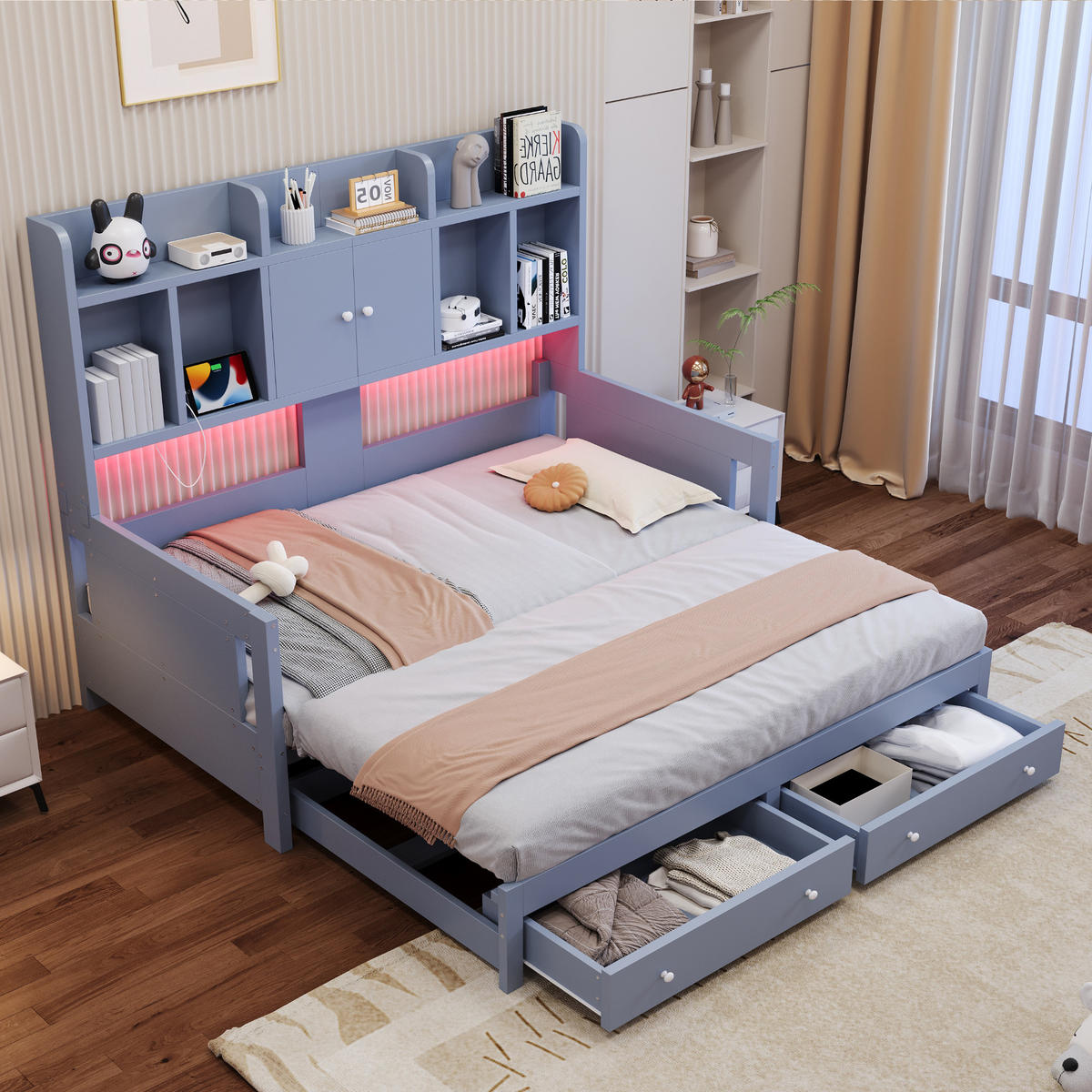 SCHLAFSOFA Holz Ausziehbett LED Stauraum Steckdose Grau - Grau, Holz (90/190cm) - FLIEKS