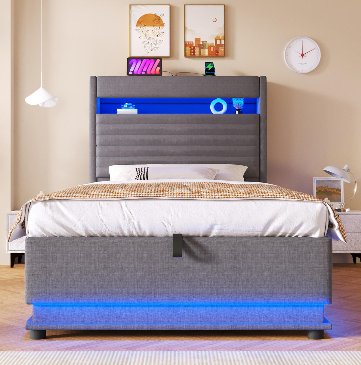 POLSTERBETT mit Stauraum 90x200 cm LED USB Leinen Grau - Grau, Metall (90/200cm) - Meubliv