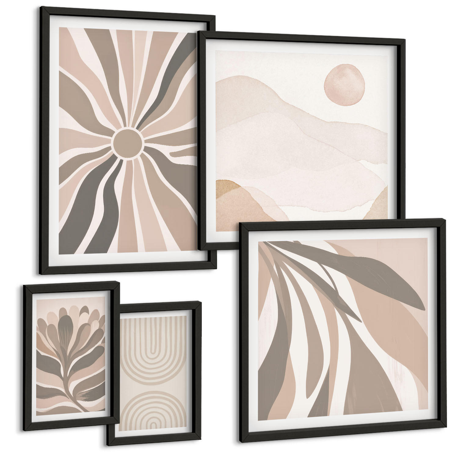 BILDER SET 5er Set - 50x50 cm & 20x30 cm & 40x60 cm Schwarzer Rahmen - Abstrakte Pflanzenmuster - Schwarz, Kunststoff (40/60cm) - TULUP