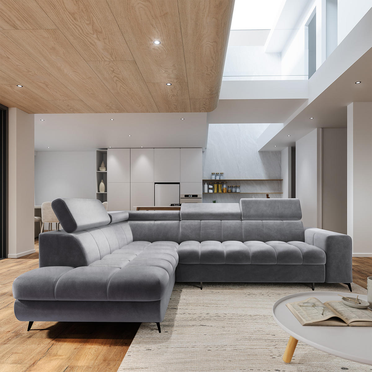 ECKSOFA MORIVA L-S Hellgrau Velours-Stoff mit Schlaffunktion - Hellgrau, Holz (253/190cm) - MASSENO