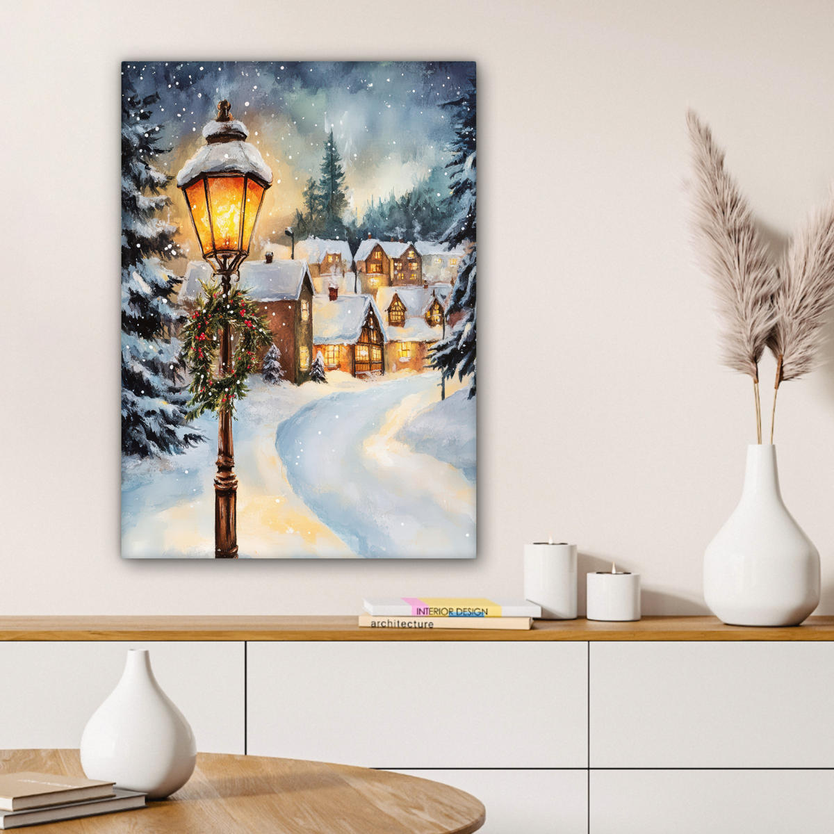 LEINWANDBILD Weihnachtsdorf - Häuser - Schnee - Weihnachten 60x80 cm - Sandfarben, Textil (60/80cm) - MuchoWow