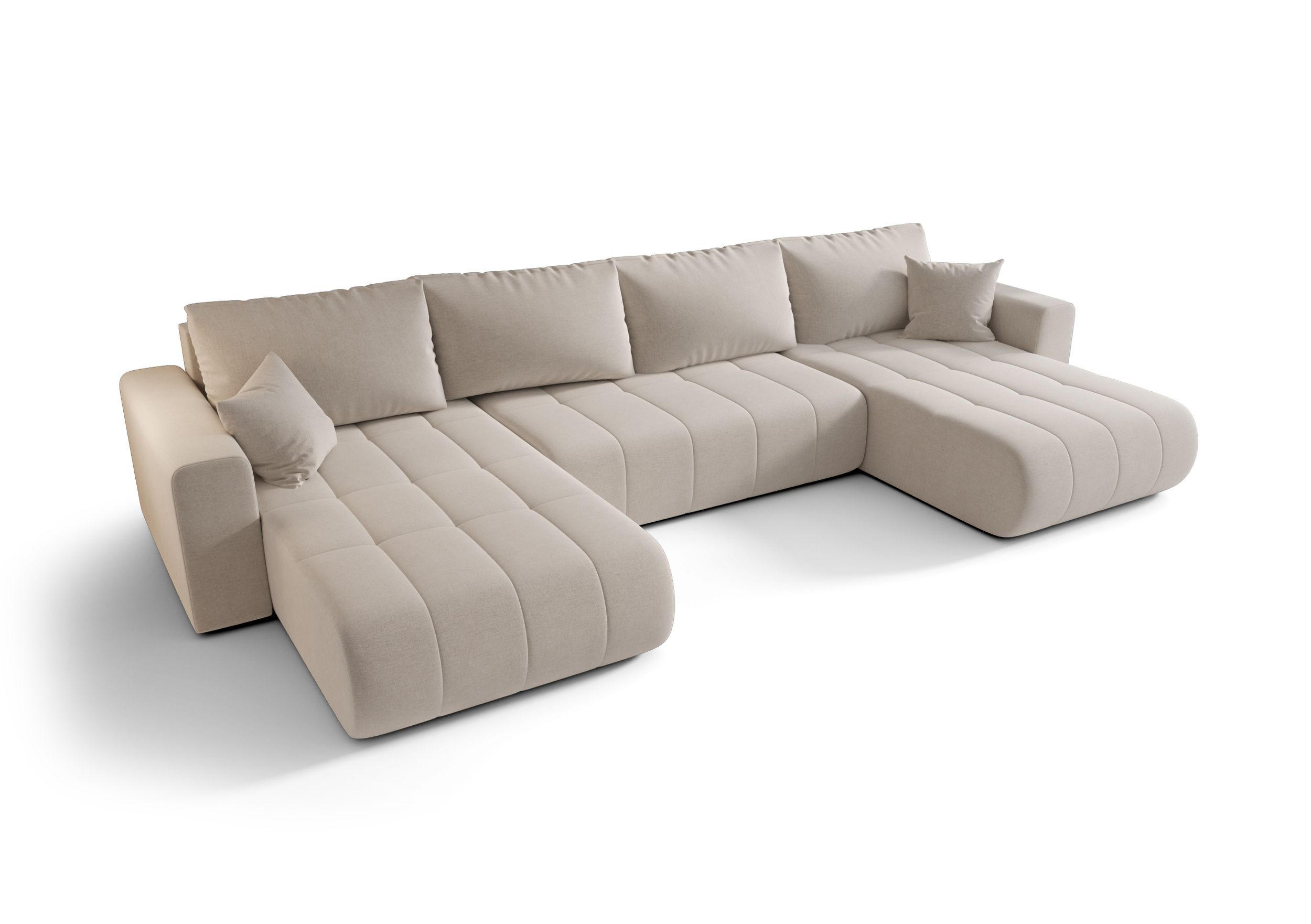 WOHNLANDSCHAFT LARA U-Form hellbeige Strickstoff Wind 5 - Schlaffunktion, Bettkasten - Weiß, Textil (385/85/175cm) - Cornero