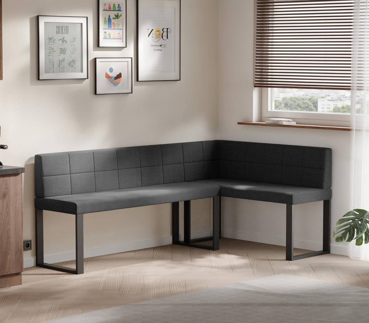 ECKBANK rechts SANA U Webstoff gesteppt, 196/142 cm Anthrazit - Anthrazit, Textil/Metall (142/196cm) - Idohome