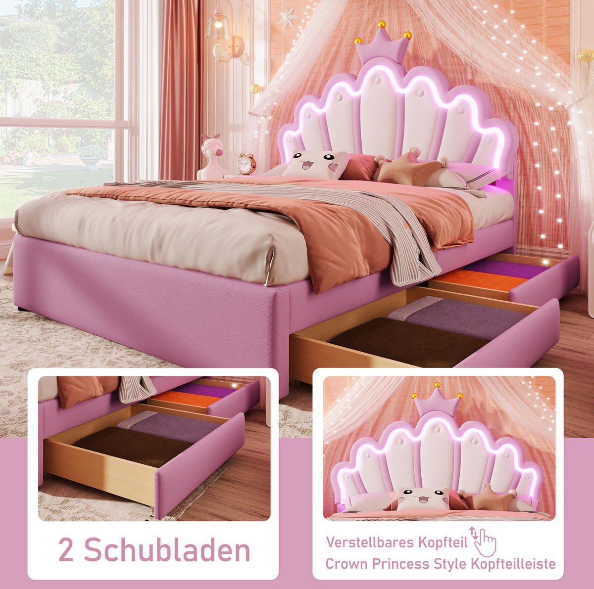 POLSTERBETT 140/200 cm Rosa aus PU mit 2 Schubladen - Rosa, Kunststoff (140/200cm) - OKMYHOME