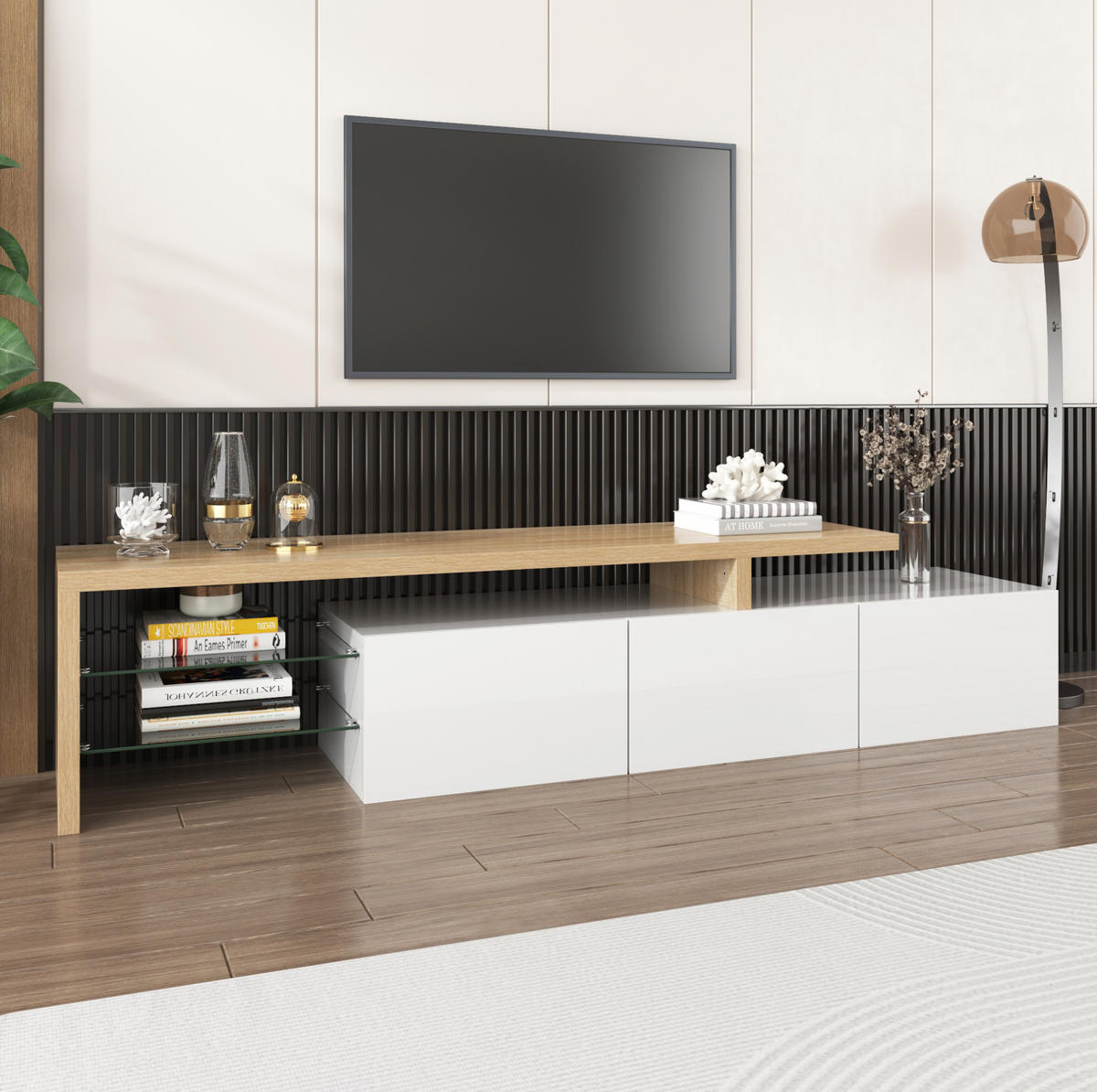 LOWBOARD 197,5/39/42 cm aus MDF und Glas mit LED-Beleuchtung und 3 Schrankfächern Weiß/Natur - Weiß, Holzwerkstoff (197.5/42/39cm) - Modenvie