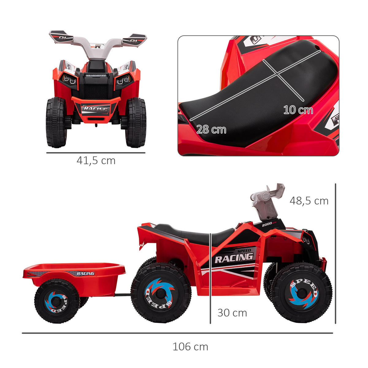 MINI ELEKTRO-QUAD KINDER, Grau+Schwarz+Blau+/Grün/Rot, Kunststoff+ Metall - Rot, Metall (106/41.5/48.5cm) - HOMCOM