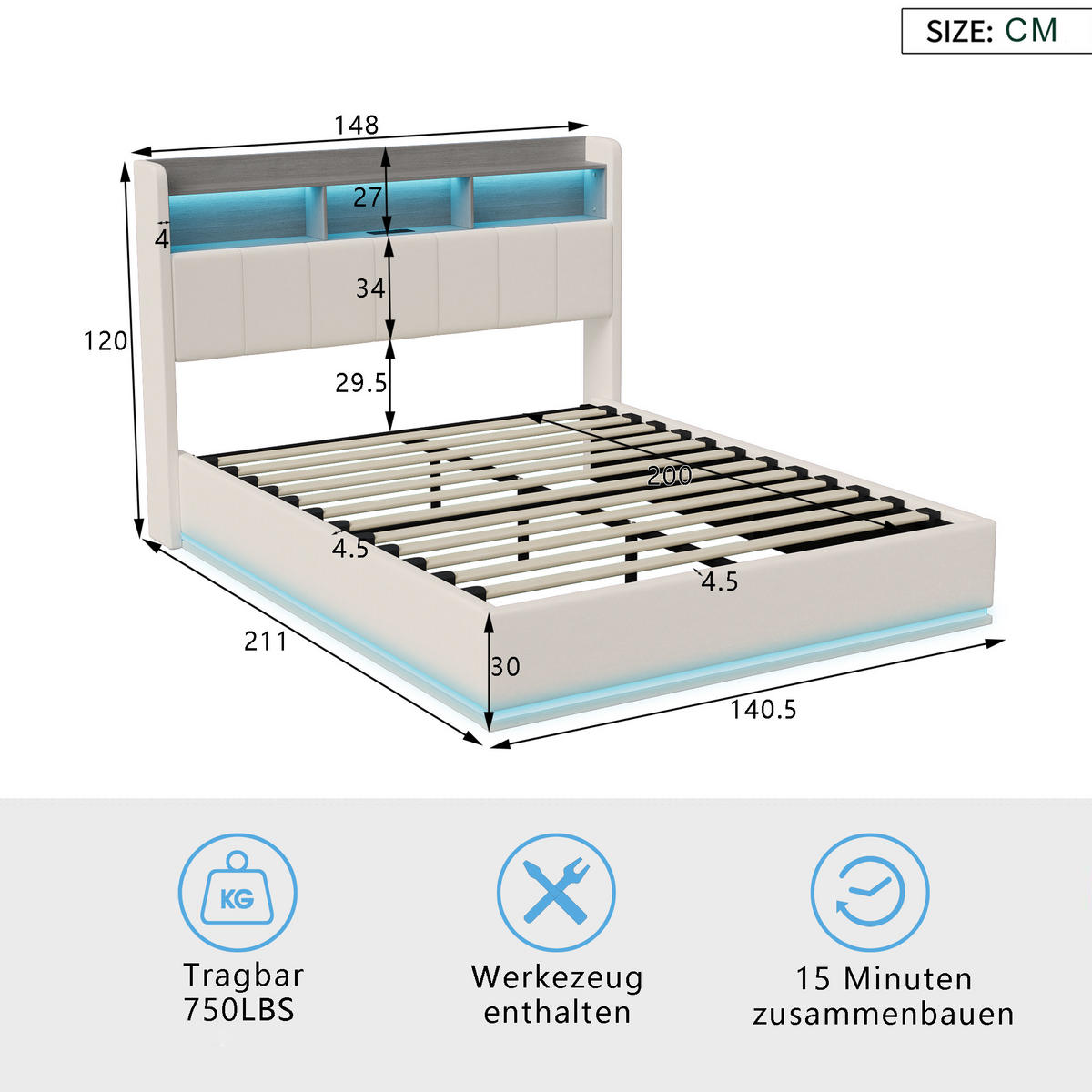 POLSTERBETT 140x200 cm, Weiß, LED-Beleuchtung und USB, Samt - Weiß, Textil/Metall (140/200cm)