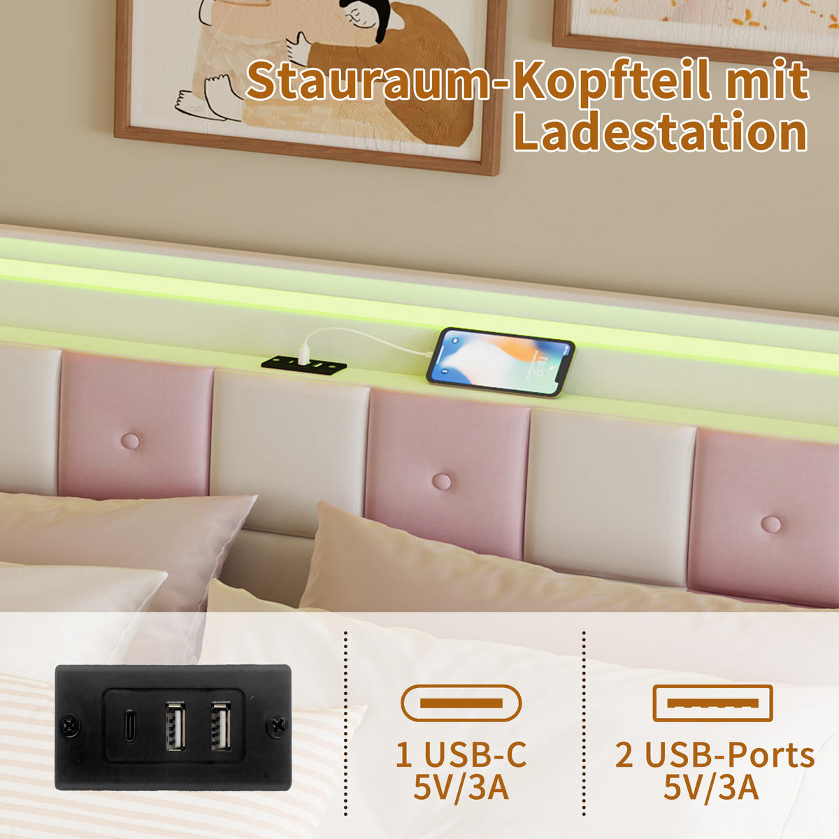POLSTERBETT 140x200 cm Weiß Rosa Samt LED USB 4 Schubladen - Weiß, Holz (140/200cm) - SHOPENTRA