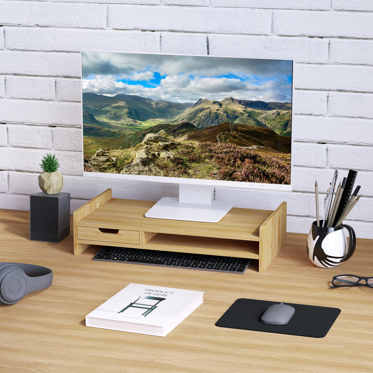 MONITORSTÄNDER Mit Schubladen Bildschirmständer Schreibtisch-Organizer Natur - Naturfarben, Holz (49/25.5/11.5cm) - HOMCOM