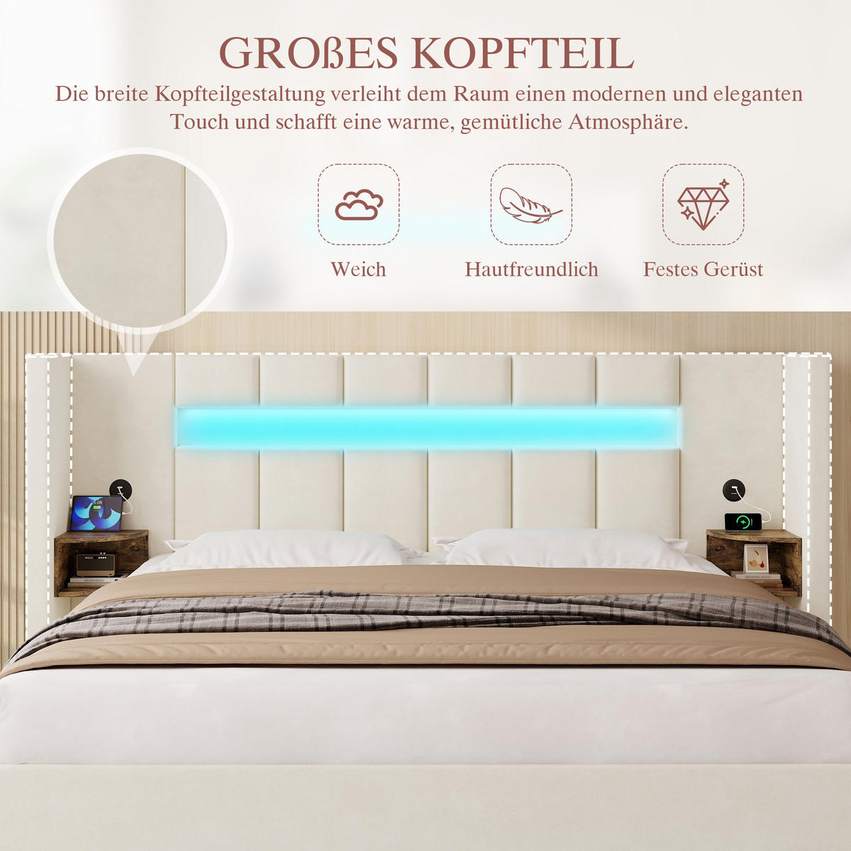 POLSTERBETT 180/200 cm Beige mit 2 USB und LED-Licht - Beige, Textil (180/200cm) - Oxeza