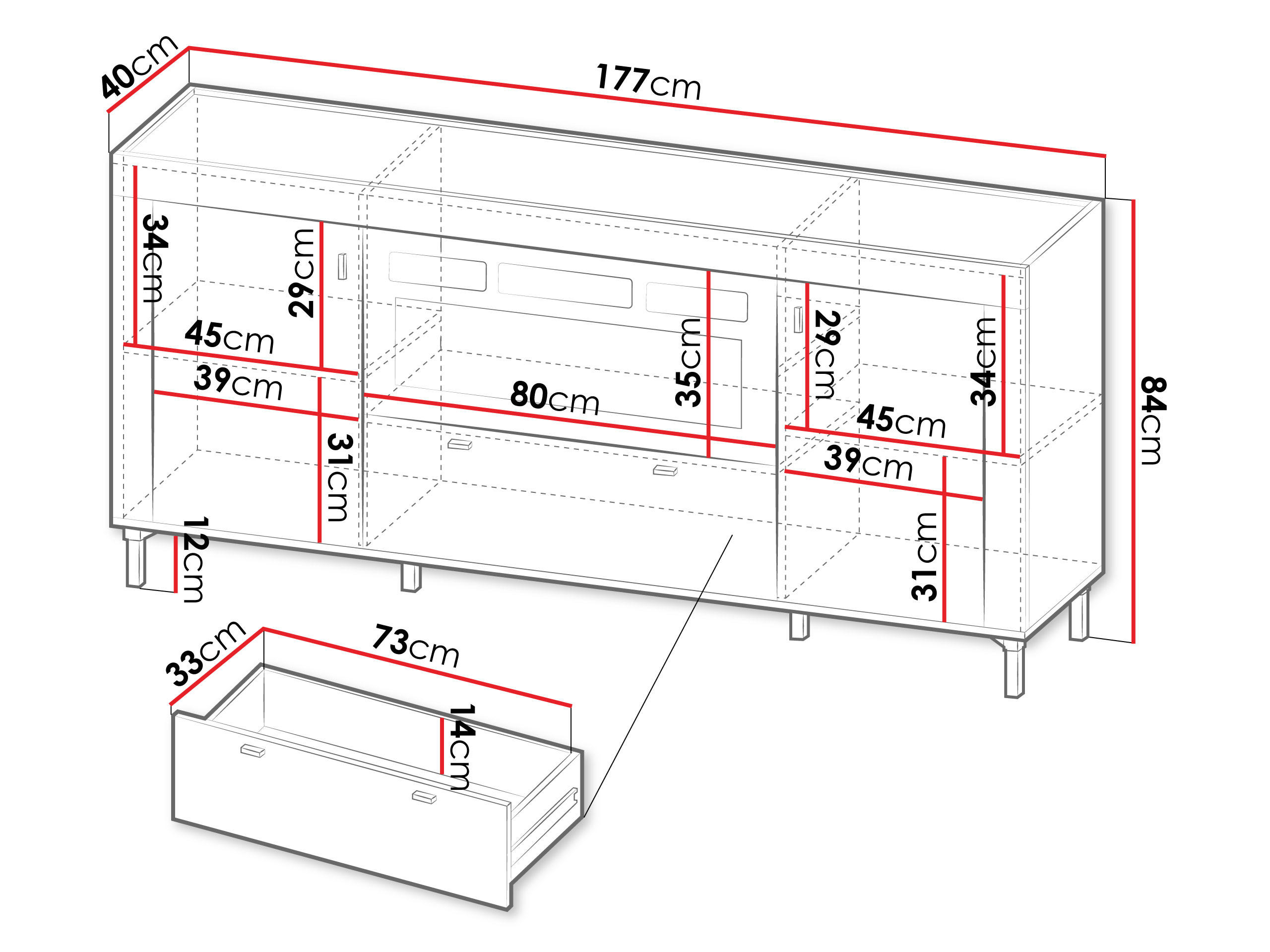 SIDEBOARD Mossa 2D1S MO07 mit Kamin - Goldfarben/Schwarz, Holzwerkstoff/Kunststoff (177/84/40cm) - MIRJAN24