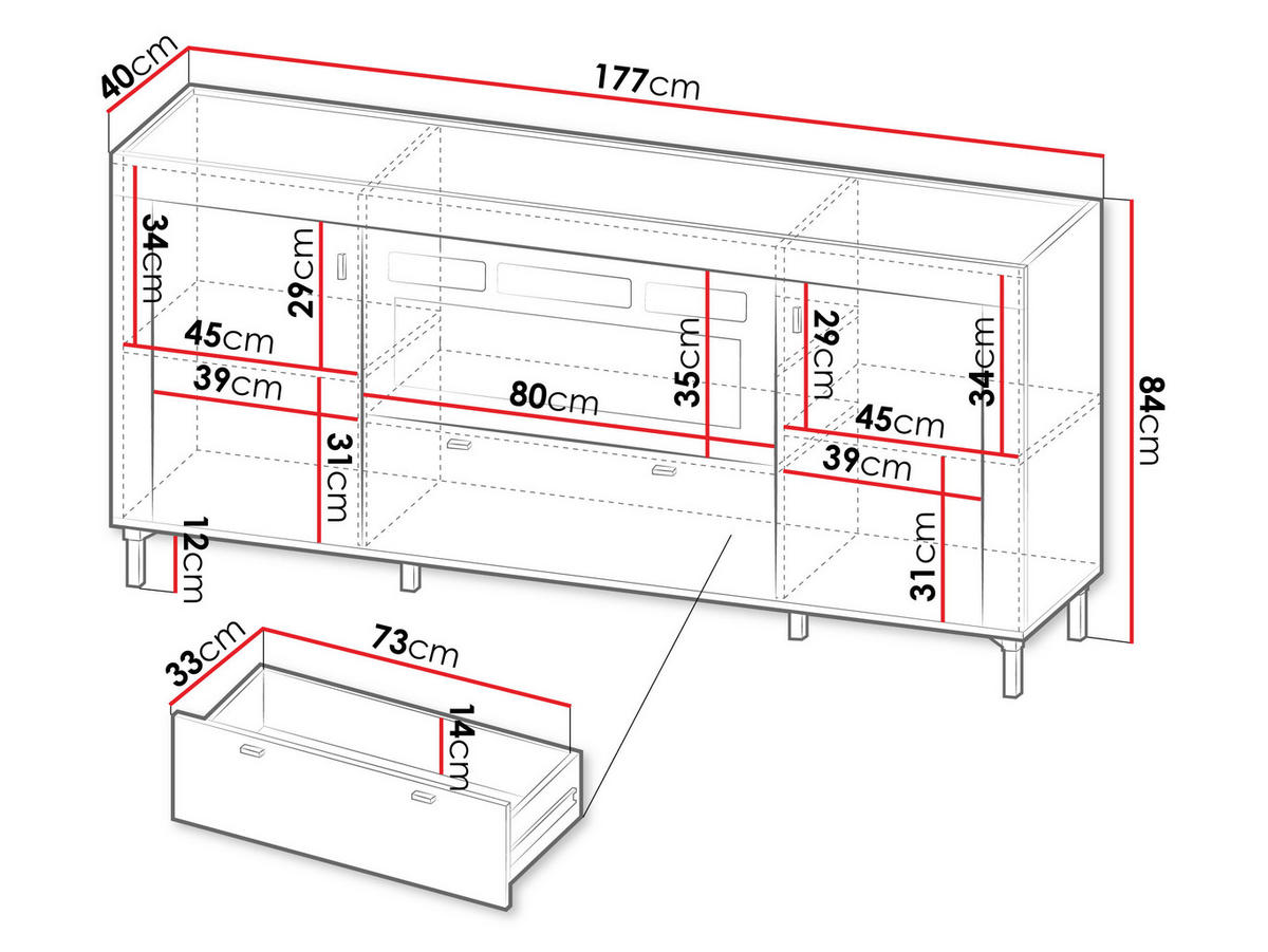 SIDEBOARD Mossa 2D1S MO07 mit Kamin - Kaschmir/Goldfarben, Holzwerkstoff/Kunststoff (177/84/40cm) - MIRJAN24