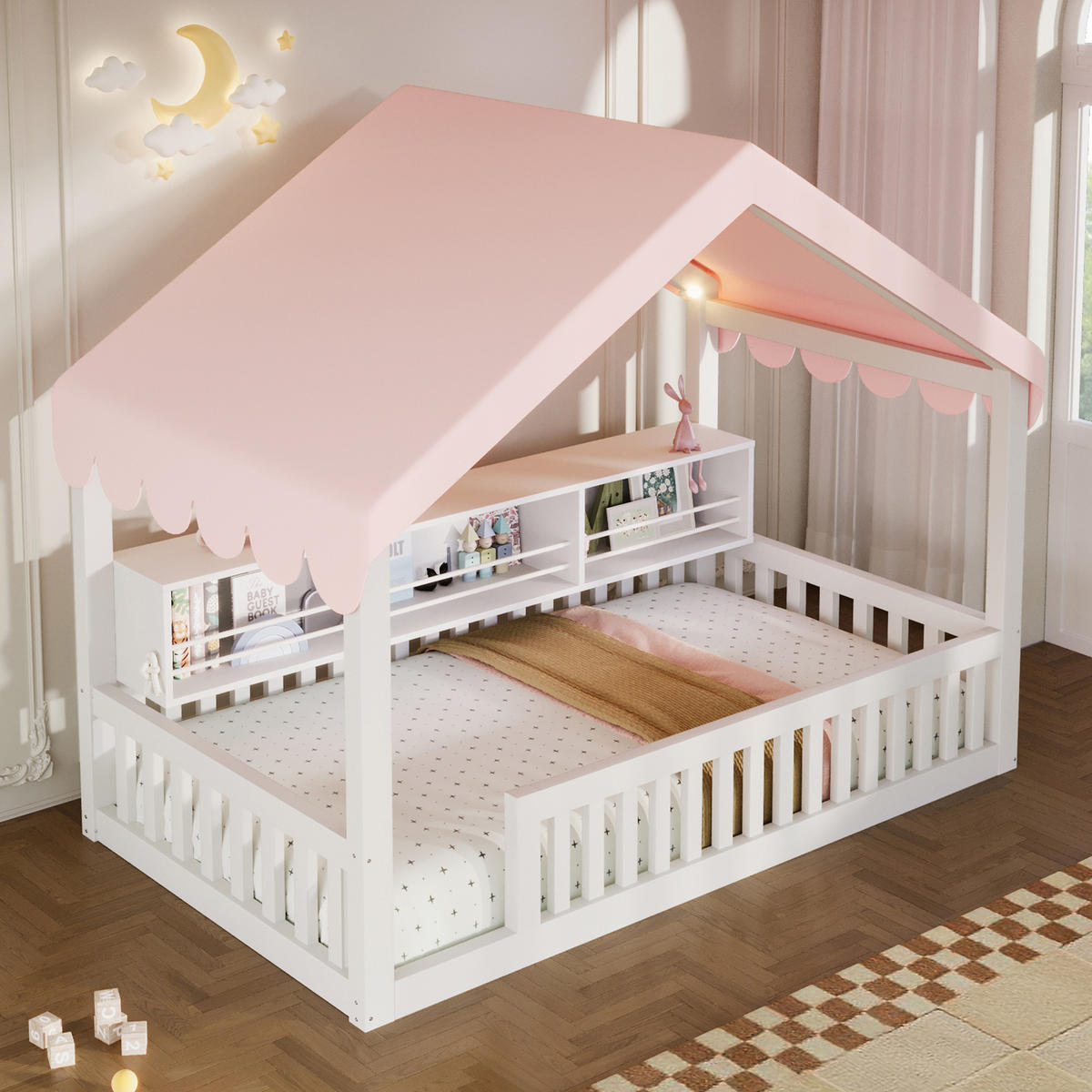 HAUSBETT 90x200 cm mit Baldachin, LED-Lichterkette und Bücherregal, Weiß - Weiß, Holz (90/200cm) - KOMHTOM