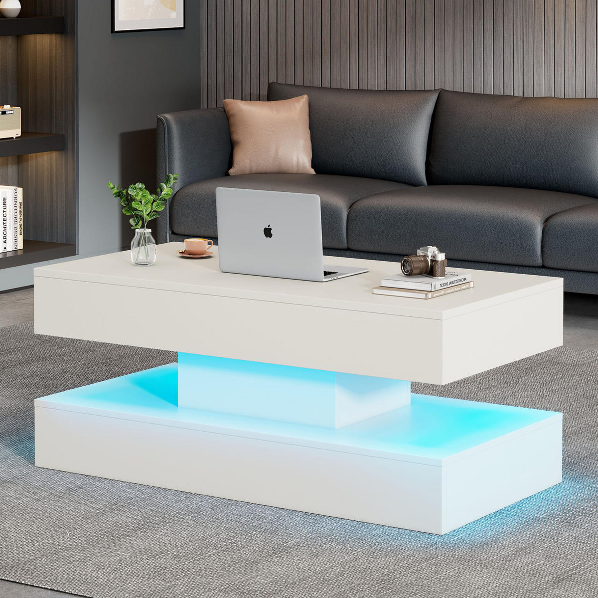 KONFERENČNÍ stolek 100/50/42 cm bílý z dřevotřísky s LED osvětlením a výškově nastavitelnou deskou - bílá, kompozitní dřevo (100/50/42cm) - OKWISH