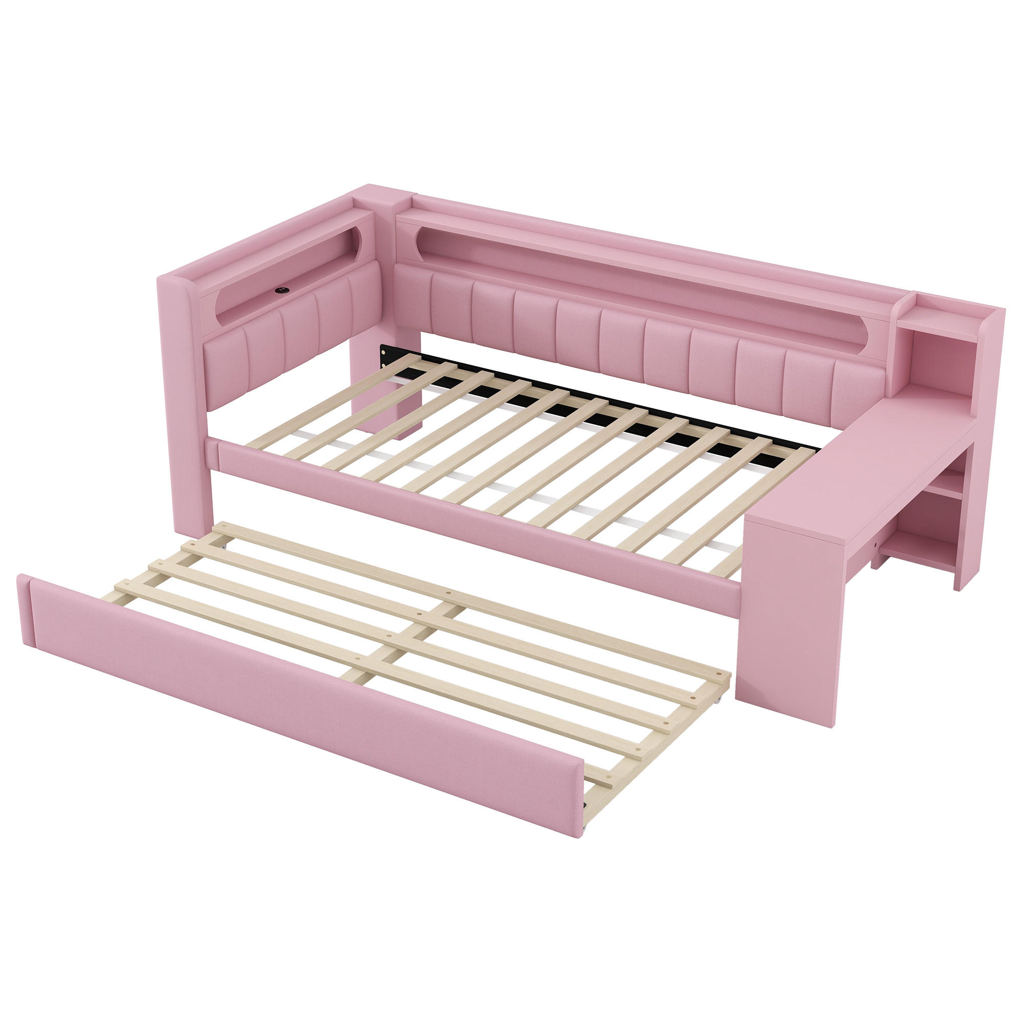 AUSZIEHBETT 90/200 cm DE-03383, mit LED, Ausziehbett und Schreibtisch, in Rosa - Pink, Holzwerkstoff (90/200cm) - ComfortXL