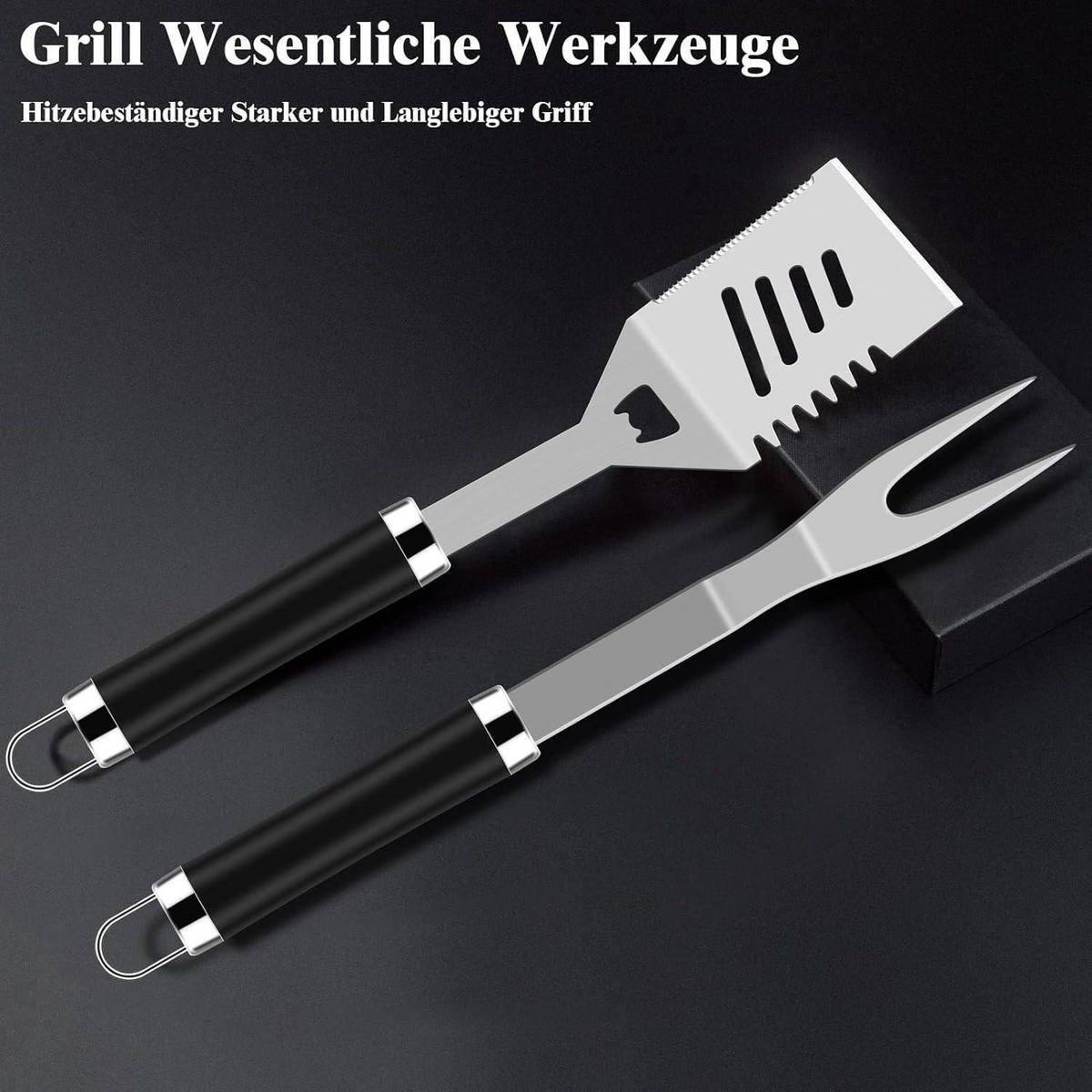 GRILLBESTECK Set 38-teilig Edelstahl mit Koffer und Grillmatte - Schwarz, Metall (39cm)