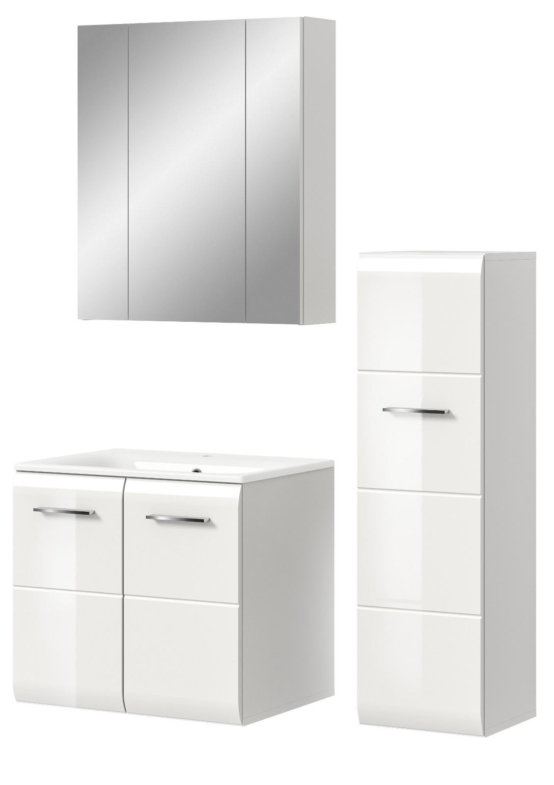 BADMÖBEL SET 3-teilig weiß Hochglanz 105 cm, Badkombination inklusive Waschbecken - Weiß Hochglanz/Silberfarben, Holzwerkstoff/Kunststoff (105/185/46cm) - Inn.Furn