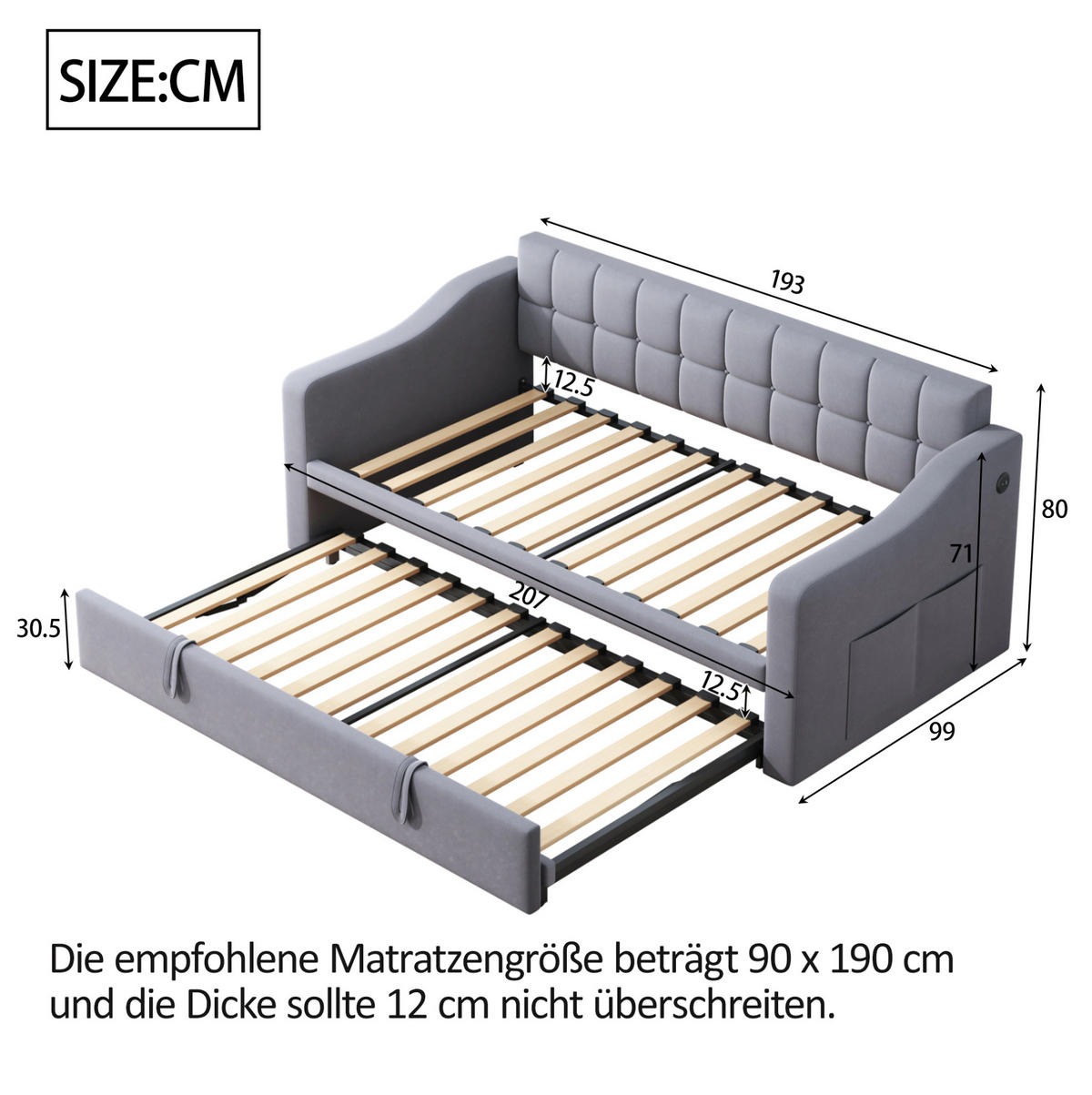 POLSTERBETT 90/190 cm Grau Samtstoff mit Steckdosen und Stauraum - Grau, Textil (90/190cm) - OKWISH