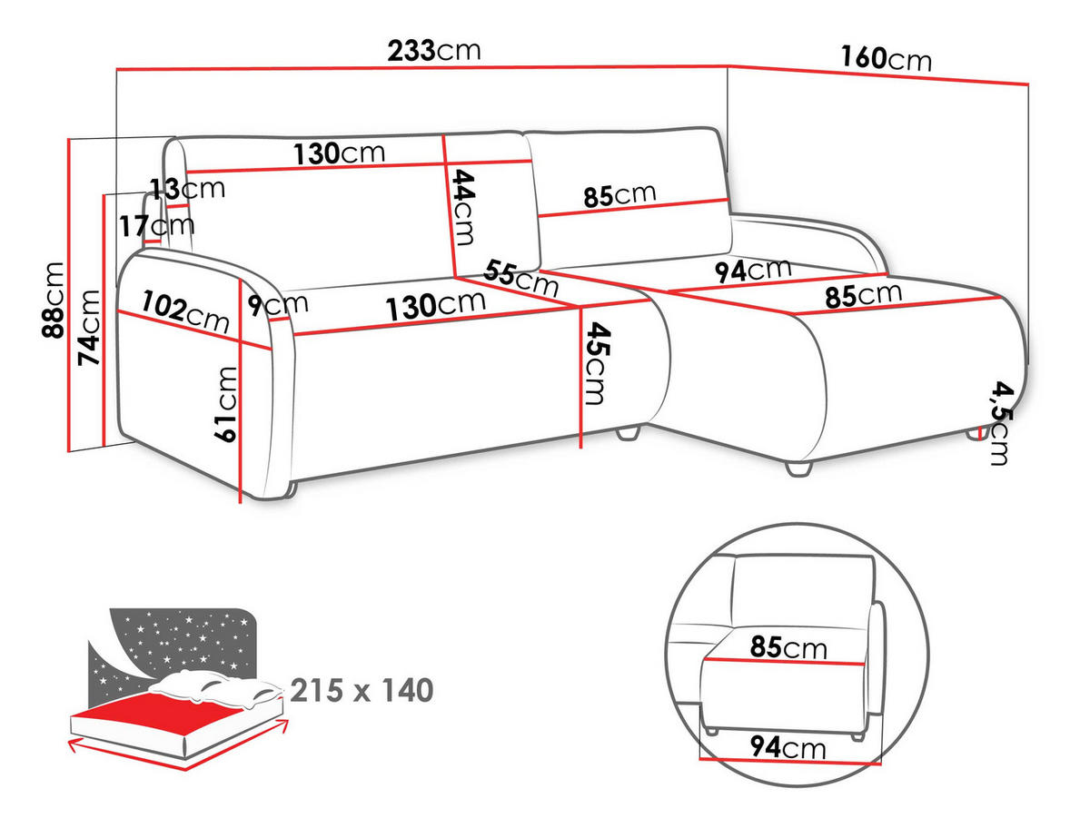ECKSCHLAFSOFA Nest - Schwarz/Braun, Holz/Kunststoff (233/160cm) - MIRJAN24