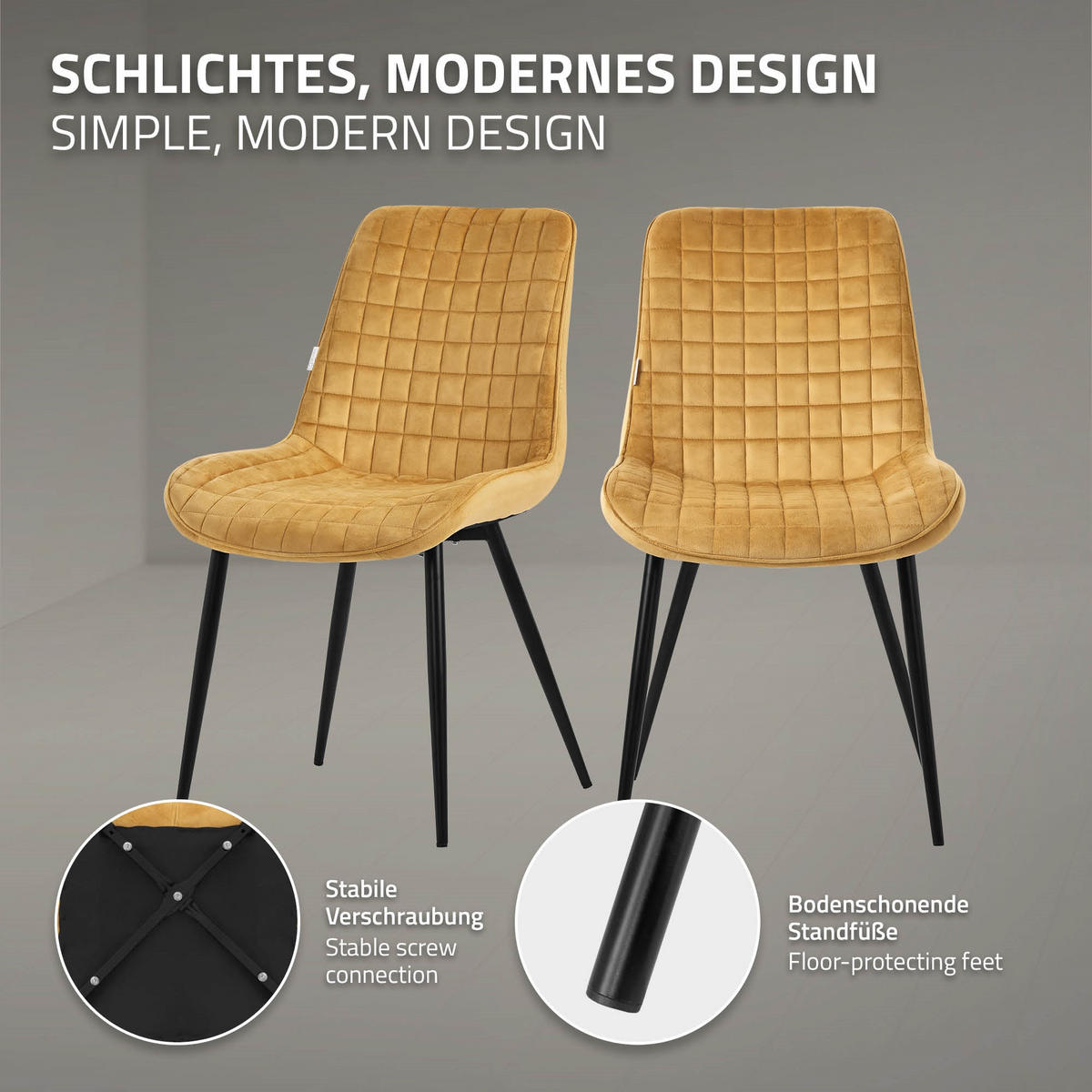 ESSZIMMERSTÜHLE 2ER-SET Senfgelb Samt - Dunkelgelb/Schwarz, Textil/Metall (52/89/60cm) - ML-DESIGN