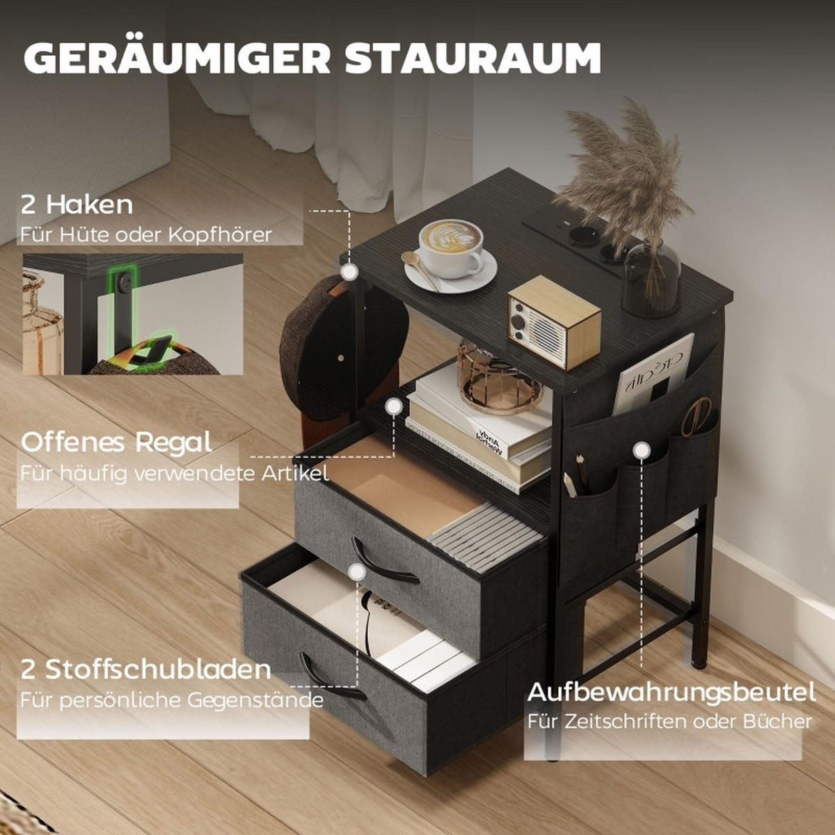 BEISTELLTISCH 40/30/60 cm in Schwarz mit Ladestation, Schubladen & offenem Fach - Schwarz, Holz (40/30/60cm) - BEAOK