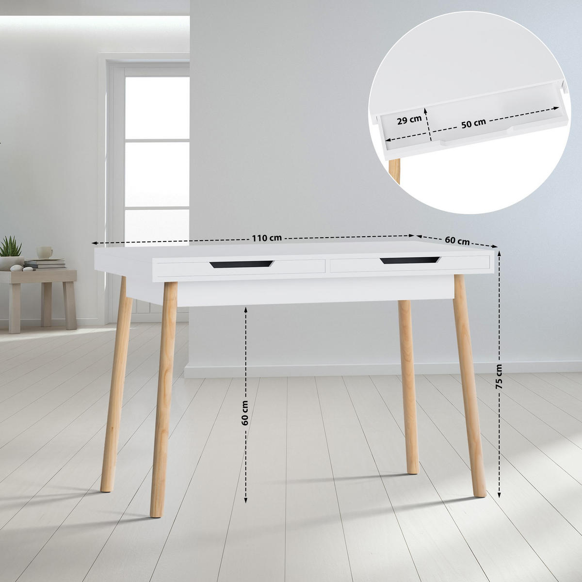 SCHREIBTISCH 110/60/75 cm Holz weiß - Eukalyptusholzfarben/Weiß, Holz (60/110/75cm) - CLP