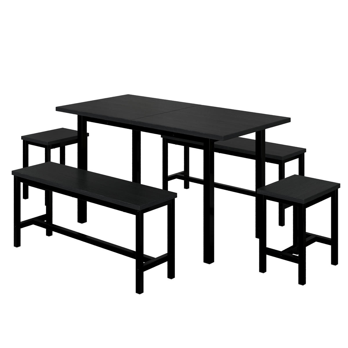 TISCHSET Ausziehbar mit mit 2 Bänken und 2 Hockern - Schwarz, Holzwerkstoff/Metall (70/75/160cm) - Urban Meuble