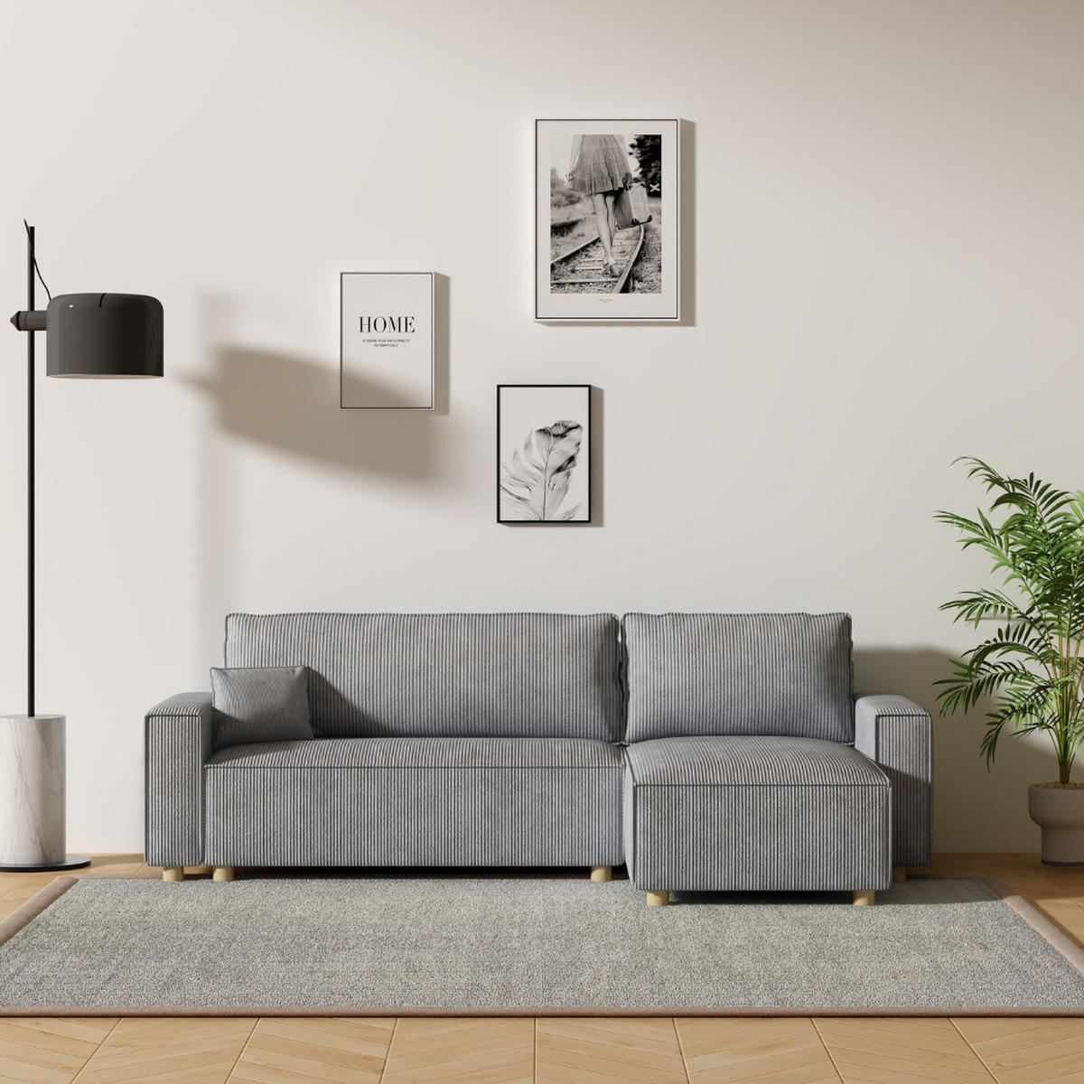ECKSOFA cosy grau 4-sitzer cord - Grau, Holz (252/140cm) - Concept Usine