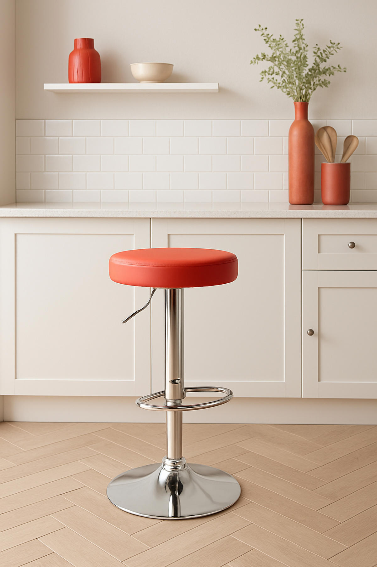 BARHOCKER Pontius Kunstleder chrom rot - Chromfarben/Rot, Kunststoff/Metall (38.5/81/38.5cm) - TPFLiving