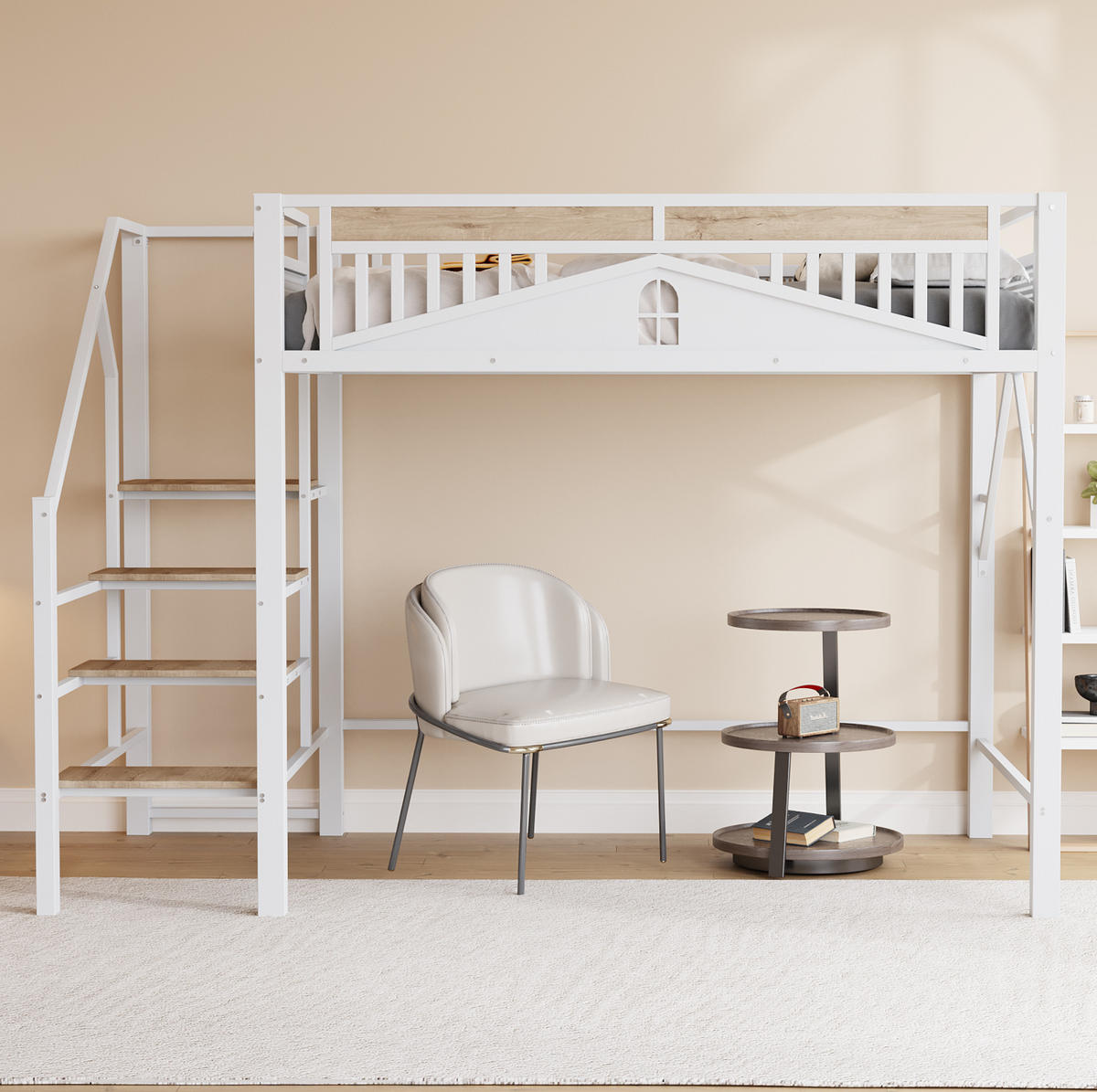 HOCHBETT 140/200 cm aus Metall und Holz mit Sicherheitsleiter, Weiß - Weiß, Metall (140/200cm) - OKMYHOME