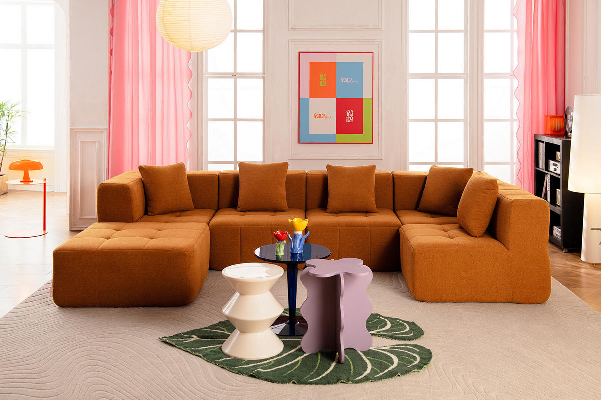 VEĽKÁ modulárna sedacia súprava bouclé tkanina škoricovo hnedá - svetlohnedá, textil (340/73/190cm) - MILYsofa