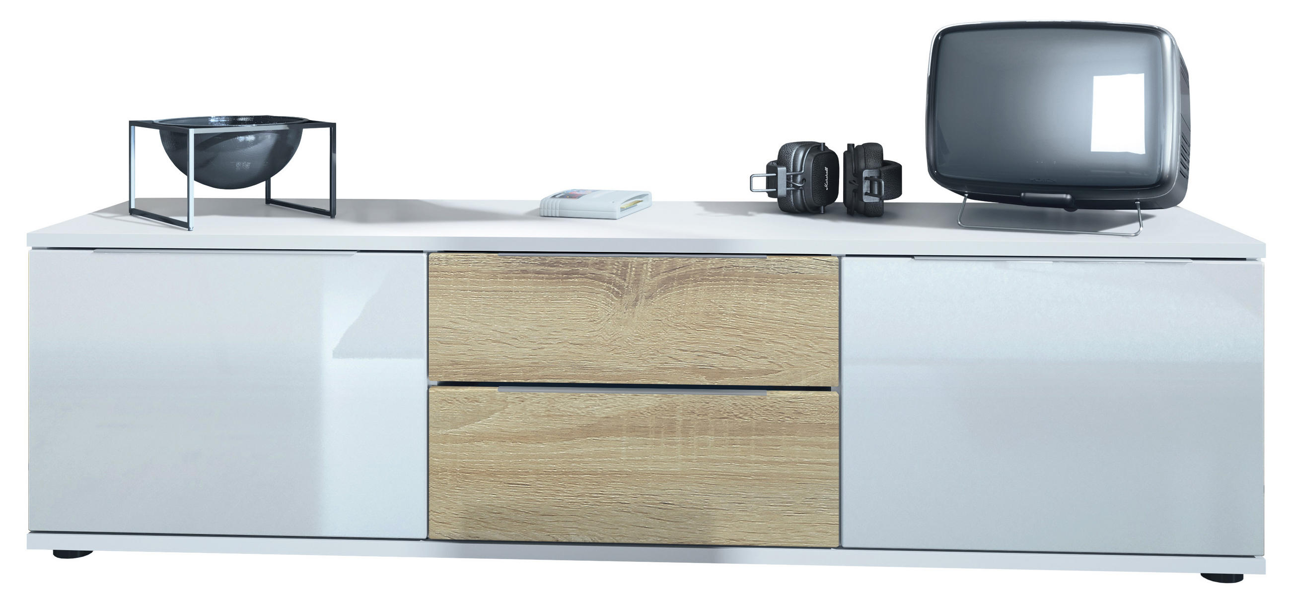 LOWBOARD Linio Eiche sägerau - Weiß Hochglanz/Sonoma Eiche, Holzwerkstoff (138.5/37.5/35cm) - Vladon