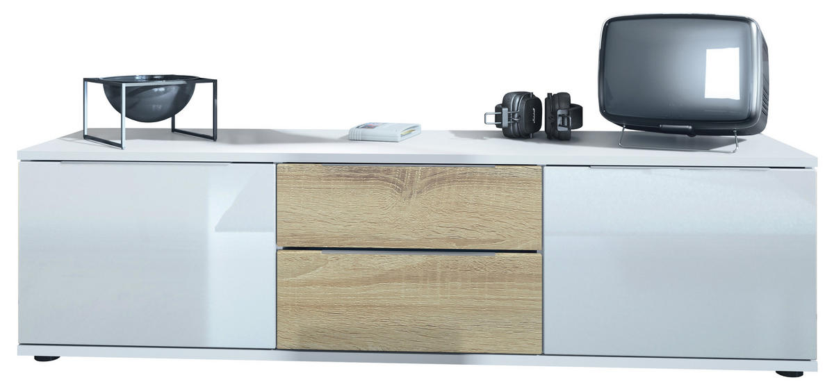LOWBOARD Linio Eiche sägerau - Weiß Hochglanz/Sonoma Eiche, Holzwerkstoff (138.5/37.5/35cm) - Vladon