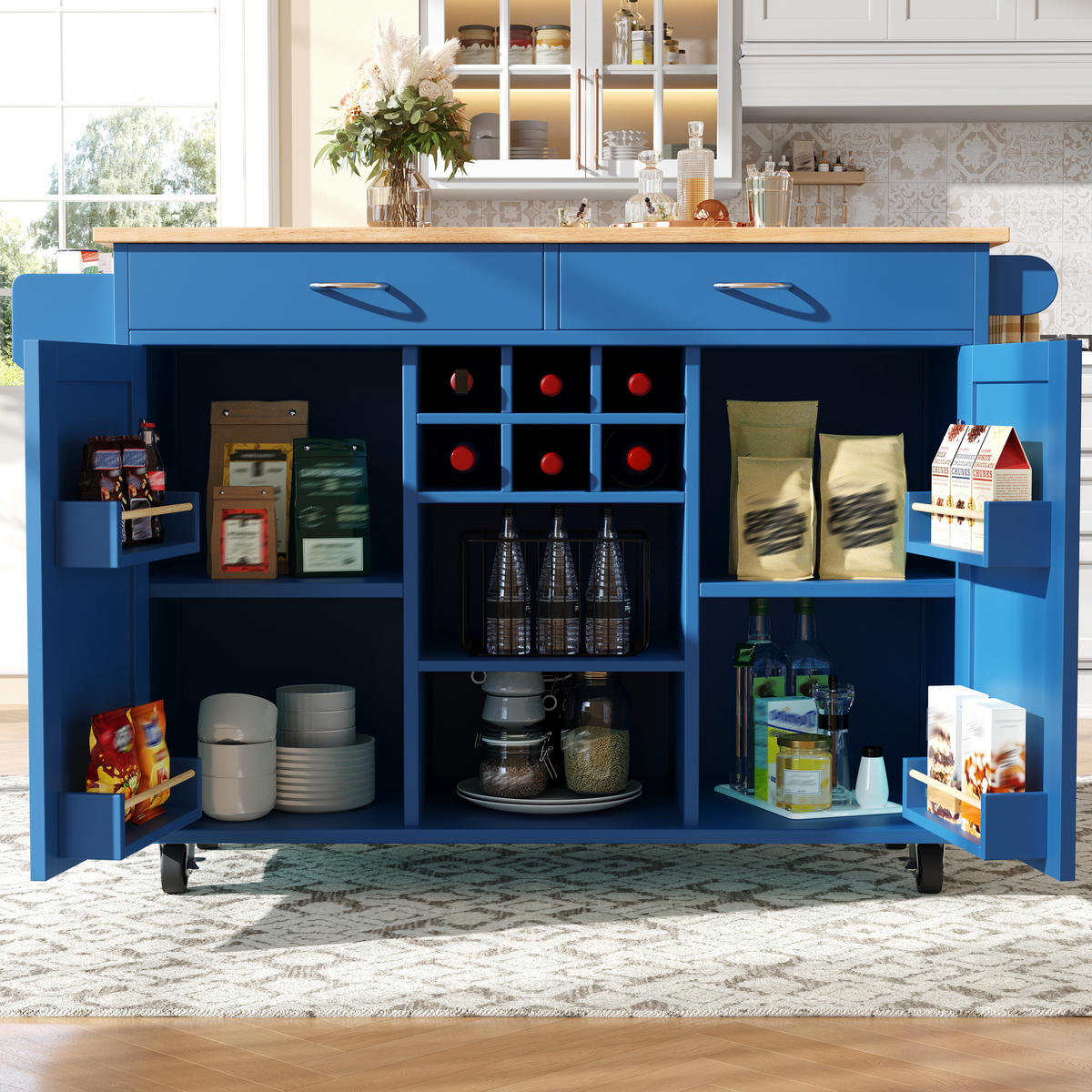 KÜCHENINSEL 102/45/92 cm Blau mit Weinregal, Seitenfach, verstellbaren Fächern und 360° Rollen - Blau, Holz/Holzwerkstoff (102/92/45cm) - Oxeza