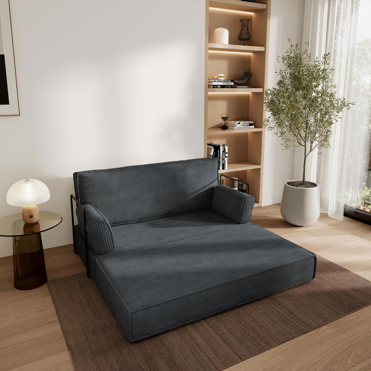 POHOVKA z pěny LADIA s kovovým rámem Manšestrová látka Grafitová - tmavě šedá/antracitová, textil (140/86/60cm) - MASSENO